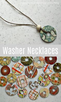 washer necklaces made with fabric and buttons on a white background, text overlay reads washer necklaces