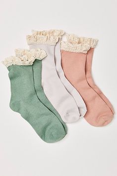 So perfect pair of socks featured in a waffle knit fabrication and crew-style with feminine floral detailing, dainty ruffled trim, and a seamed heel and toe. * Pack of 3 pairs | Ruffle Sock Pack by Free People Cute Frilly Socks, Cute Ruffle Socks, Cottagecore Socks, Socks With Ruffles, Ruffle Sock, Tainted Love, Ruffle Socks, Bday List, Frilly Socks