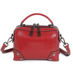 Buy Red Genuine Leather Satchel Crossbody Purse Rivet Zipper Handbag Worldwide Free shipping and return, color: Red , material: Genuine Leather Black Suite, Autumn School, Coffee Fashion, Leather Pillow, Crossbody Bags For Women, Travel Work, Vintage Color, Ladies Handbags, Genuine Leather Handbag