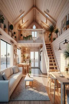 a living room filled with furniture next to a wooden floor covered in potted plants