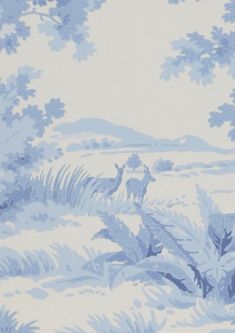 a blue and white wallpaper with deer in the woods