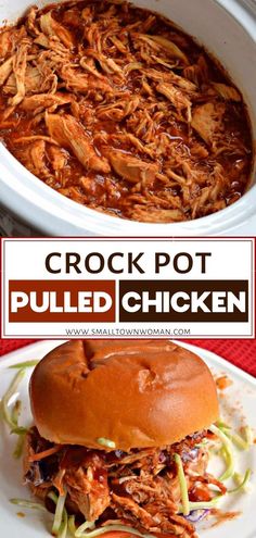 crock pot pulled chicken in a slow cooker and on a plate with coleslaw