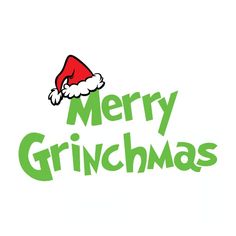 the merry grinmas logo is green and has a red santa hat on it's head