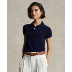 Rendered with luxurious season-spanning cashmere this slim-fitting Polo shirt is finished with our signature embroidered Pony at the chest. Ralph Lauren Shirt Women Outfits, Ralph Lauren Business Women, Blue Polo Outfit Woman, Polo Tee Outfit Woman, Navy Polo Shirt Outfit Woman, Work Polo Shirt Outfit Women, Ralph Lauren Polo Shirt Outfit Women's, Navy Shirt Outfit, Womens Polo Shirt Outfit