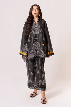 Hazal – Sania Maskatiya International Fitted Long Sleeve Printed Pant Set, Casual Printed Long Sleeve Sets, Casual Long Sleeve Printed Sets, Spring Long Sleeve Printed Pant Set, Elegant Patterned Sets With Printed Motifs, Long Sleeve Patterned Sets For Summer, Black Matching Set With Long Sleeves, Black Long Sleeve Matching Set, Festive Long Sleeve Loungewear Sets