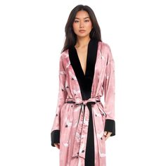 Candy Crane Long Satin Robe Wrap yourself in luxury with the Candy Crane Long Satin Robe. Featuring a silky satin candy pink color. This pink is inspired by our favorite chilhood doll pink, that ryhmes with "Sharpie", but I can't say it for Trademark reasons, against a striking black crane bird print, and bold black velour trim. This long satin robe adds elegance and comfort to your daily lounging routine. Long kimono robe with discreet side seam pockets. Tall long fit at 55"for our tall queens. Candy Crane, Crane Pattern, Car Pink, Crane Print, White Crane, Crane Bird, Black Crane, Long Kimono, Bird Print