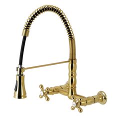 a gold faucet with a black hose attached to it