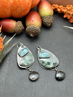 "These earrings are from my Stepping Stones Collection Beautiful, rare Morrison Ranch Jasper(Morrisonite) and faceted Ice Blue Kyanite are in .999 fine silver, faceted Chocolate Moonstone drops hang off the bottom.  The earrings are finished off with sterling silver French hooks.  Earring Measurements: 2 1/2\" long by 1\" wide They are moderate weight and can be a good 4-6 hour earring." Sterling Silver Teardrop Gemstones With Accents, Sterling Silver Teardrop Earrings With Gemstone Accents, Silver Briolette Earrings With Gemstone Accents, Green Amethyst Jewelry, Green Amethyst Earrings, Sterling Silver Earrings Handmade, Mixed Metal Earrings, Green Jewelry, Garnet Earrings