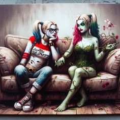 a painting of two women sitting on a couch with their faces painted as clowns