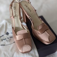 Iconic Platform Slingback Heels From Prada. Gorgeous Pale Peach Satin, Leather Soles. 100% Authentic, Comes With Box And Dustbag, Card, Or If You Want To Save On Shipping, No Box. Size 38 European, About A Us8. Brand New, Never Worn (Only Admired...). Rare Find!! Designer Pink High Heel Slingback Pumps, Luxury Pink Ankle Strap Slingback Pumps, Luxury Pink Slingback Pumps With Open Heel, Luxury Pink Slingback Sandals, Designer Pink Slingback Pumps For Formal Occasions, Pink Luxury Slingback Pumps, Luxury Pink Slingback Pumps With Heel Strap, Luxury Pink Slingback Pumps, Designer Pink Slingback Sandals