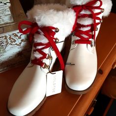 Nwt Adorable, Comfortable. White Synthetic Boots With Flat Heel, White Synthetic Flat Heel Boots, Winter Boots With Reinforced Heel In Red, Red Embroidered Winter Boots, Red Ankle-high Lace-up Boots For Winter, Red Snow Boots, Red Fur Boots, Cute Winter Boots, Toe Shoes