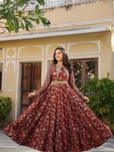 Maroon Rayon Flared Printed Gown Red Floor-length Dresses For Eid, Floor-length Red Dress For Eid, Red Maxi Dress For Eid, Long Sleeve Gown For Eid Reception, Semi-stitched Floral Print Floor-length Gown, Formal Festive Long Sleeve Gown, Long Sleeve Formal Gown For Festive Occasions, Long Sleeve Festive Gown For Formal Occasions, Festive Formal Long Sleeve Gown