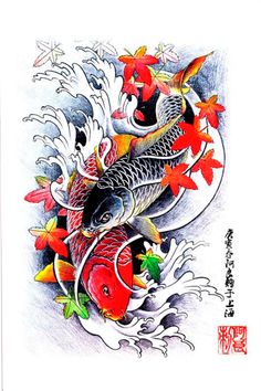 an artistic drawing of two koi fish with autumn leaves on the bottom half of it