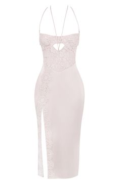 A sultry mixture of lace and satin forms this figure-hugging dress with a sculpted, underwire bodice, front and back cutouts and a strappy halter neck. Exclusive retailer Halter neck Adjustable straps Lined 100% polyester with 70% cotton, 30% polyamide contrast Dry clean Imported