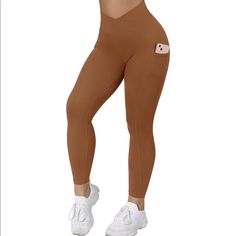 Women Cross Waist Wrap Leggings With Pockets High Waisted Workout Gym Yoga Pants Sporty Tight Brown Leggings, Sporty Tight Brown Bottoms, Sporty Brown Tight Leggings, Brown Compression Leggings For Workout, Brown Compressive Gym Leggings, Brown Athleisure Leggings For Workout, Sporty Brown Leggings For Sports, Brown High Waist Stretch Activewear, High Stretch Brown Tights For Workout