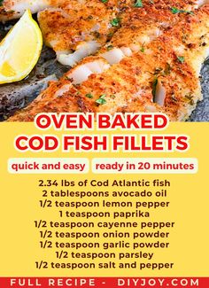 cod fish fillet seasoned with herbs and spices Bake Fish In Oven, Baked Cod Recipes Oven Easy Healthy, Baked Cod And Potatoes, Sway Fish Recipe, Cod Filet Recipes, Cod Fish Recipes Baked, Baked Cod Fillets, Oven Baked Cod