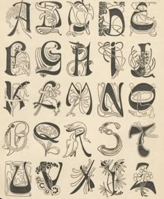 an old fashioned alphabet with letters and numbers in the style of art nouveaus, including flowers