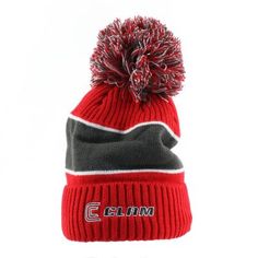 a red and black beanie with the word clam on it