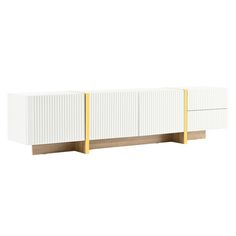 a white and yellow sideboard with two wooden shelves on the bottom, one is empty