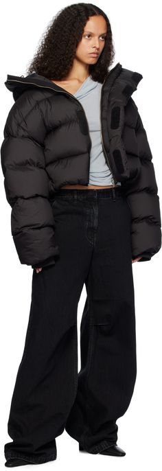 Down-filled quilted polyester taffeta puffer jacket. · Water-resistant DWR coating · Bungee-style drawstring at hood and hem · Funnel neck · Zip closure with velcro placket · Cropped hem · Seam pockets · Dropped shoulders · Inset rib-knit cuffs · Zip pocket at interior · Fully lined Supplier color: Pupil Fill: 90% duck down, 10% duck feather. Entire Studios, Down Puffer Jacket, Duck Feather, Duck Down, Funnel Neck, Knit Cuff, Funnel, Puffer Jacket, Drop Shoulder