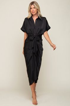 Black Satin Button Down Gathered Midi Dress Cocktail Wedding Attire, Maternity Midi Dress, Cocktail Attire, Satin Midi Dress, Pink Blush Maternity, Low Iron, Waist Tie, Black Satin, Maternity Clothes