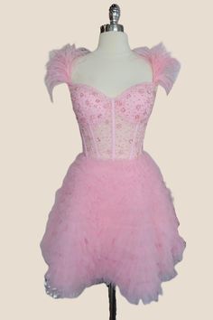 Glamorous Pink Corset Dress With Fitted Bodice, Pink Sleeveless Corset Dress For Debutante Ball, Pink Fitted Corset Dress For Debutante Ball, Pink Corset Dress For Prom And Homecoming, Pink Corset Dress For Homecoming And Prom, Pink Ruffled Corset Dress For Evening, Pink Corset Dress With Fitted Bodice For Homecoming, Pink Fitted Bodice Corset Dress For Homecoming, Fitted Pink Corset Dress For Debutante Ball