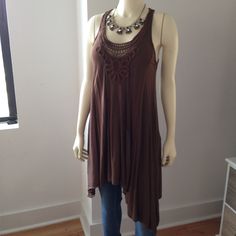 Never Been Worn. Brown Flowy Top, Long Enough To Also Wear As Dress. With Lace Embellishment On Front. Different Sized Panels Of Chiffon. Flowy Brown Blouse For Summer, Brown Stretch Summer Blouse, Brown Stretch Blouse For Summer, Stretch Brown Blouse For Summer, Bohemian Summer Tops With Asymmetrical Hem, Bohemian Tops With Asymmetrical Hem For Summer, Bohemian Blouse With Asymmetrical Hem For Summer, Brown Summer Blouse For Layering, Flowy Top