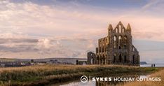 the ruins of an old church are near a body of water and grassy area with tall grass