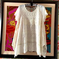 Beautiful Ornately Embroidered Johnny Was Tunic. Washed Once And Never Worn. Natural Cream Colored. Bohemian Embroidered Lace Top For Summer, Bohemian Embroidered Lace Top With Lace Trim, White Bohemian Top With Tonal Embroidery, White Bohemian Tops With Tonal Embroidery, Cream Embroidered Top For Summer, White Embroidered Short Sleeve Lace Top, Bohemian Embroidered Lace Top, Cream Embroidered Top With Chikankari For Summer, White Embroidered Bohemian Lace Top