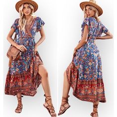 New Boho Floral Print Belted Dress V Neck Short Sleeve Midi Maxi Nwt Multicolored Blue Red Orange New Without Tags Excellent Condition- No Visible Flaws Midi Or Maxi Depending On Your Height Removable Belt Faux Wrap 95% Poly & 5% Cotton Please Comment, If Any Questions Below! Other Listings: Boho, Western, Cowboy, Bohemian, Anthropologie, Free People, Johnny Was, Antique, Ancient, Zara, Gypsy, Breeze, Beachy, Indie, Airy, Rockabilly, Comfortable, Lightweight, Feminine, Flirty, Modern, Cute, Chic Bohemian V-neck Belted Dress, Bohemian Belted V-neck Maxi Dress, Bohemian Belted Maxi Dress, Blue Belted Beach Dress, Blue Belted Dress For Beach, Blue Belted Dress For The Beach, Summer Bohemian Belted Maxi Dress, Bohemian Belted Summer Maxi Dress, Bohemian Belted Maxi Dress For Summer