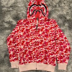 Bape Big Abc Pink Camo Shark Wide Full Zip Double Hoodie Mens Large Bape Pink Camo Hoodie, Bape Abc Shark Full Zip Hoodie Pink, Pink Camo Bape Hoodie, Pink Bape Hoodies, Bape Pink, Ovo Hoodie, Double Hoodie, Bape Shirt, Bape Hoodie