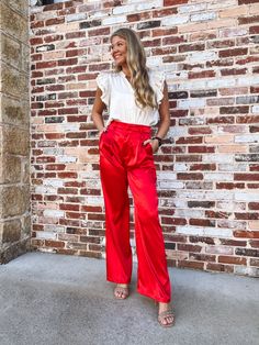 The perfect Christmas red satin pants! Lindsey is in a small. Tara is in a 2X. Red Silk Pants Outfit, Red Satin Pants Outfit, Red Flare Pants Outfit, Red Satin Pants, Highschool Reunion, Silk Pants Outfit, Satin Pants Outfit, Red High Waisted Pants, Satin Blouse Outfit