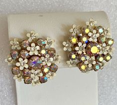 Vintage Weiss Earrings Rhinestones & Enamel Floral Wedding Summer   | eBay Vintage Crystal Earrings With Sparkling Stones For Wedding, White Costume Jewelry Earrings For Wedding, Vintage Bling Earrings For Wedding, Costume Jewelry Wedding Earrings With Rhinestones, Costume Jewelry Earrings With Rhinestones For Wedding, Aurora Borealis Jewelry, 1940s Jewelry, Vintage Rhinestone Jewelry, The Maid