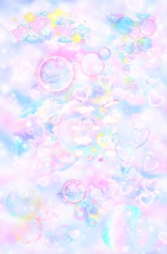 soap bubbles floating in the air on a blue and pink background with stars, clouds and hearts