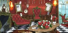 a living room filled with furniture and lots of red flowers on top of a checkered floor