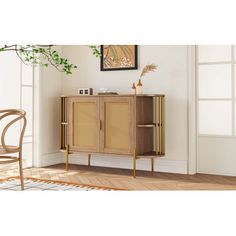 a wooden cabinet sitting next to a chair in a room