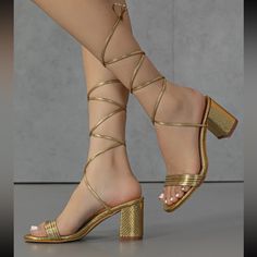 Size Eur 38 / Us 7 New Without Tags/Box. I Bought Them For A Specific Outfit And Didn’t End Up Wearing Them Gold Heels Prom, Gold Lace Up Heels, Lace Up Chunky Heels, Fairy Heels, Sandals Shein, Summer Sandals Heels, Shoes Shein, Cute Womens Shoes, Strappy Wedge Heels