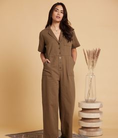 Gemini Jumpsuit - Teak Cotton Short Sleeve Overalls For Workwear, Short Sleeve Cotton Overalls For Workwear, Cotton Denim Jumpsuit For Work, Casual Cotton Jumpsuits And Rompers For Work, Cotton Jumpsuits And Rompers With Pockets For Work, Utility Style Jumpsuits And Rompers With Button Closure, Denim Overall Jumpsuit With Buttoned Pockets For Work, Relaxed Fit Denim Jumpsuit With Buttons For Work, Relaxed Fit Denim Jumpsuit For Work With Buttons