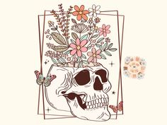 a drawing of a skull with flowers and butterflies on it's head in a frame