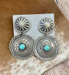 Rustic Turquoise Concho Jewelry, Artisan Turquoise Concho Earrings, Southwestern Style Concho Drop Earrings, Southwestern Concho Jewelry For Western-themed Events, Bohemian Turquoise Concho Earrings, Boho Jewelry Earrings, Stamped Earrings, Handmade Boho Jewelry, Native American Earrings