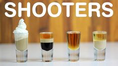 four shot glasses with different colored liquids in them and the words shooters written over them