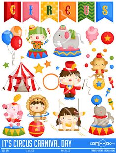 it's circus carnival day clipart set with balloons, animals and clowns