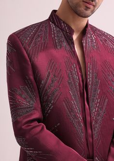 Maroon Linen Satin Hand Embellished Jodhpuri Set Elegant Straight Kurta Bandhgala For Party, Embellished Long Sleeve Bandhgala For Festivals, Elegant Raw Silk Bandhgala With Intricate Embroidery, Festive Party Bandhgala Straight Kurta, Formal Straight Kurta Bandhgala With Intricate Embroidery, Party Embroidered Straight Kurta Bandhgala, Elegant Straight Kurta Bandhgala For Diwali, Designer Festive Bandhgala With Resham Embroidery, Formal Bandhgala With Intricate Embroidery