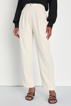 Leave everyone in awe of your posh presence in the Lulus Sophisticated Company Ivory Straight Leg Trouser Pants! These chic pants keep things classy with their flat woven composition and high-waisted fit, complete with belt loops, a tortoise top button-closure, and a hidden zip fly. The straight pant legs feature light pleating, side seam pockets, and decorative welt pockets at back before ending at tailored, ankle-length hems. Elastic at back for fit. Fit: This garment fits true to size. Length Business Casual Pants Women, White Dress Pants, China Clothes, Casual Formal Dresses, Straight Cut Pants, Chic Winter Outfits, Chic Pants, Lulu Fashion, White Trousers