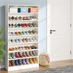 a white shoe rack filled with pairs of shoes next to a potted plant and door