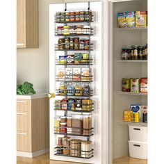 an organized pantry is shown in the corner of a room with shelves full of food