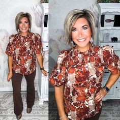 This autumnal blouse helps you take some fashion chances with its smocked yoke and puff sleeves. The short sleeves make it perfect for transitioning into fall's cooler temps while still keeping things light and airy. The deep fall colors give you an excuse to stock up on pumpkins and gourds to match. A statement blouse that helps you make a style splash this season. 100%Polyester Lining: 100% Polyester Fall Smocked Top With Short Sleeves, Short Sleeve Smocked Top For Fall, Fall Short Sleeve Tops With Gathered Sleeves, Fall Tops With Gathered Short Sleeves, Brown Puff Sleeve Tops For Fall, Fall Smocked Bodice Puff Sleeve Top, Chic Short Sleeve Smocked Top For Fall, Chic Smocked Short Sleeve Top For Fall, Fall Short Sleeve Blouson Puff Sleeve Top