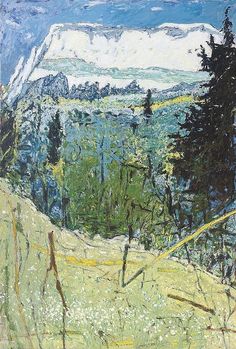 a painting of trees and mountains in the background