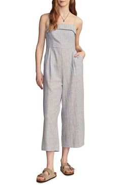 Removable straps give you stylish options in this striped jumpsuit designed with a fold-over neckline, handy pockets and a breezy cotton and linen fabrication. Hidden back-zip closure Square neck Removable, adjustable straps Front slant pockets Cotton lining 88% cotton, 12% linen Machine wash, tumble dry Imported Spring Striped Cotton Jumpsuits And Rompers, Striped Cotton Jumpsuits And Rompers For Spring, Striped Jumpsuits And Rompers For Summer Workwear, Summer Linen Jumpsuits And Rompers With Bib Front, Spring Striped Overall Jumpsuits And Rompers, Striped Overalls Jumpsuits For Spring, Spring Striped Cotton Overalls, Striped Cotton Overalls For Spring, Striped Cotton Overall Jumpsuits And Rompers