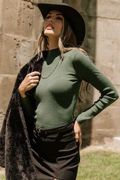 Frances Knit Top | Green Trendy Fitted Green Sweater, Green Fitted Casual Turtleneck, Chic Fitted Soft Knit Turtleneck, Dark Green Tops For Fall, Green Fitted Soft Knit Sweater, Fitted Green Soft Knit Sweater, Green Stretch Sweater, Green Stretch Sweater Solid Color, Green High Neck Stretch Sweater